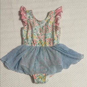 Cheeky Plum Floral Ruffle Sleeve Leotard with Blue Skirt
